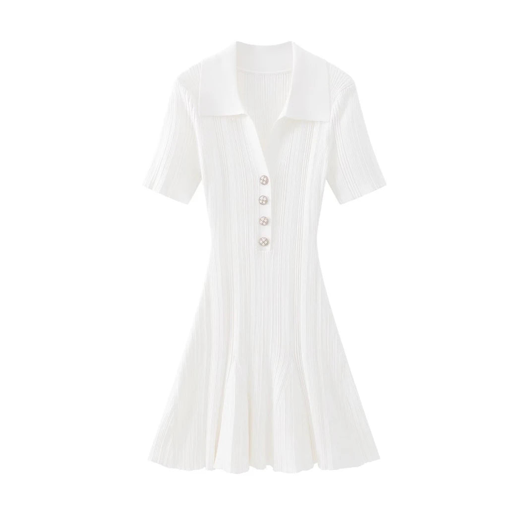 Summer New Women's Turn Down Collar Short Sleeve Knitted Mini Dress Slim Fit A-line Diamond Buttons White Short Dress  C-050