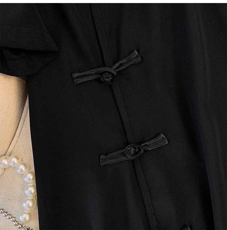 Plus size women's summer casual dress Chinese style modified cheongsam tray buckle decoration slit hem black polyester fabric
