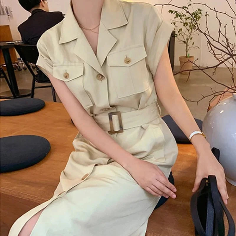 Korean Chic Retro Stand Collar Multi-Pocket Design Ring Buckle Waist Cinching Short Sleeve Dress with Belt Women's Dress