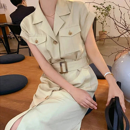 Korean Chic Retro Stand Collar Multi-Pocket Design Ring Buckle Waist Cinching Short Sleeve Dress with Belt Women's Dress
