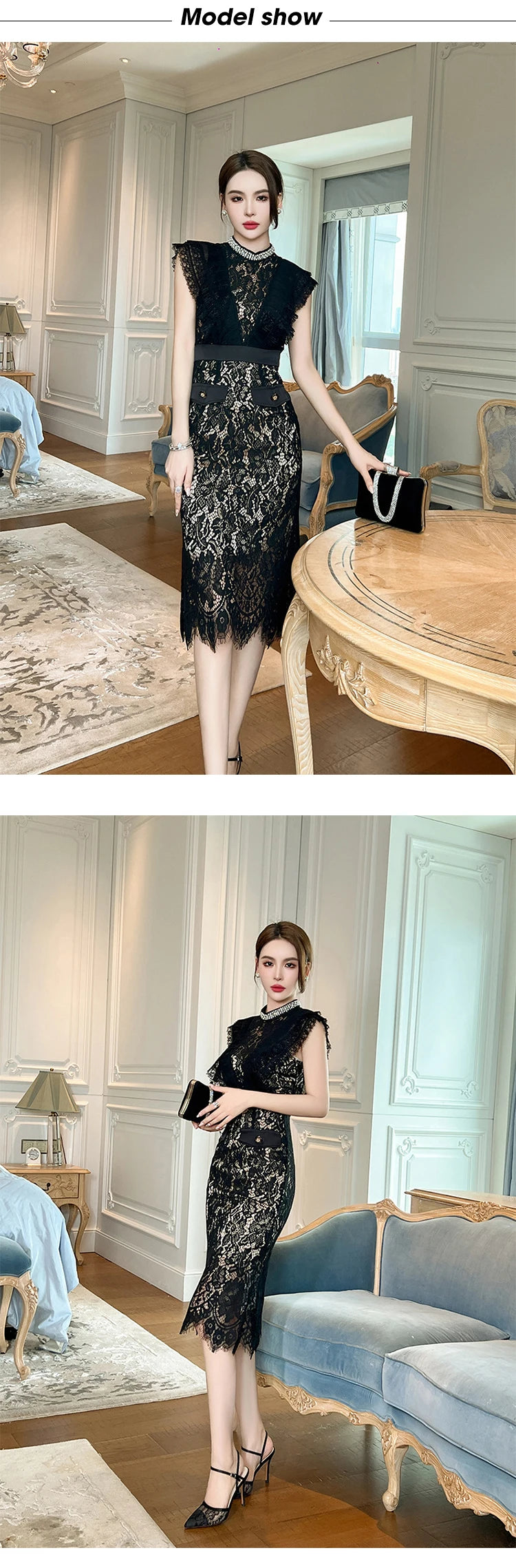 Women's French Noble Elegant Prom Dresses Black Lace Sheer Perspective Diamond High Waist Fishtail Robe Party Banquet Vestidos