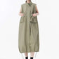 [EAM] Women Green Pocket Hem Drawstring Big Size Vest Dress New Stand Collar Sleeveless Fashion Tide Spring Autumn 2025 1DJ0147