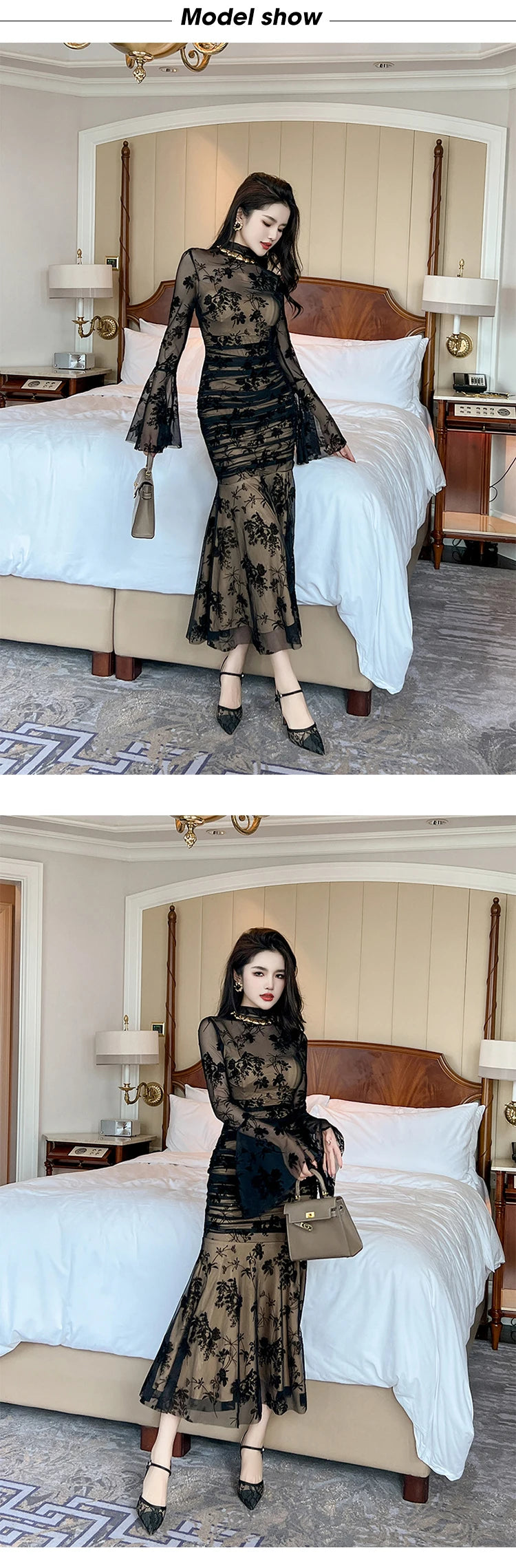 French Elegant Prom Dresses Woman Retro Black Perspective Elastic Mesh Folds Wrap Hip Slit Fishtail Robe Female Party Vestidos