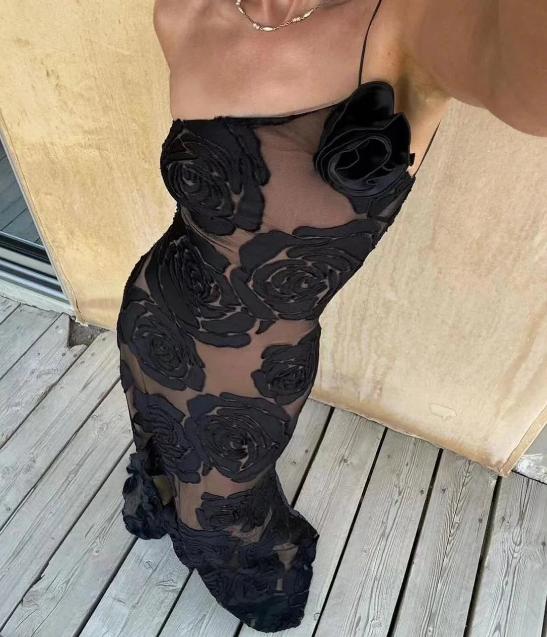 Mingmingxi Black Mesh Birthday Dress for Women 2024 One Shoulder Sexy Long Dress Slim Elegant Flower Wedding Guest Party Dresses