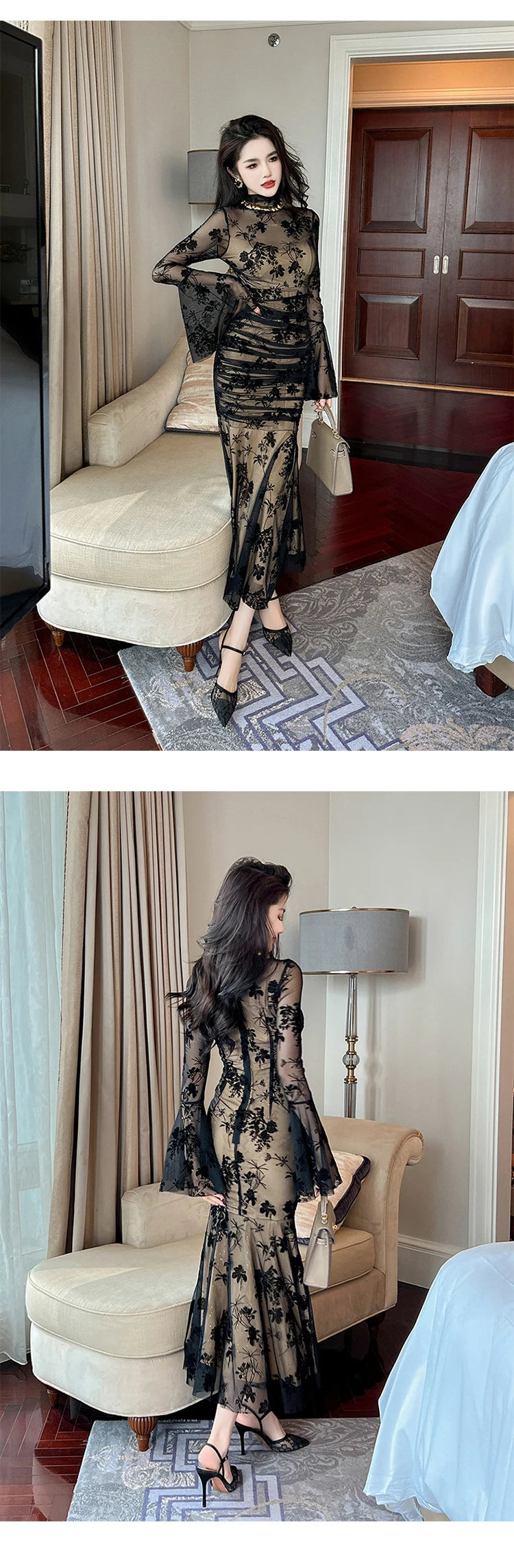 French Elegant Prom Dresses Woman Retro Black Perspective Elastic Mesh Folds Wrap Hip Slit Fishtail Robe Female Party Vestidos