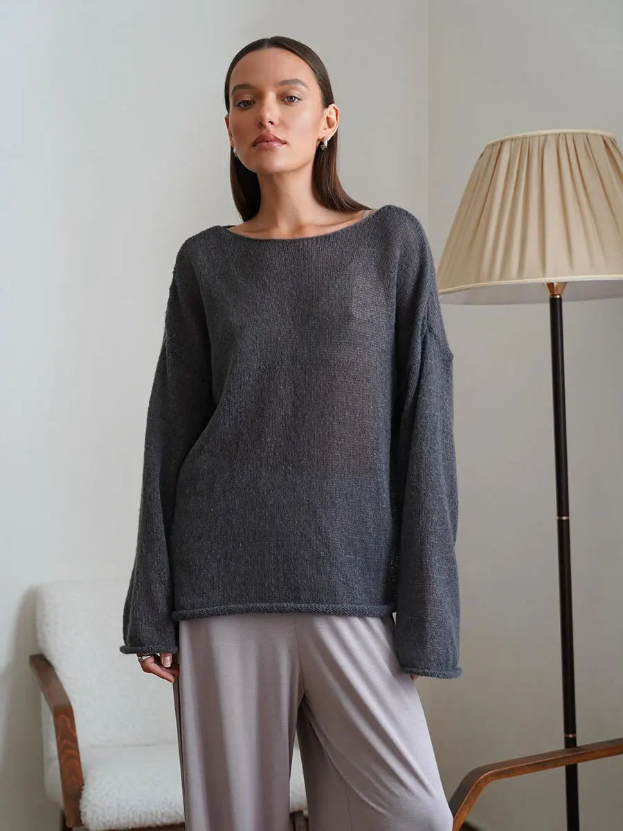 Original Fashion Hollow Out Knit Shirt Spring And Summer Women's Perspective Thin O-Neck Loose Elastic Long Sleeve Knit T-shirt