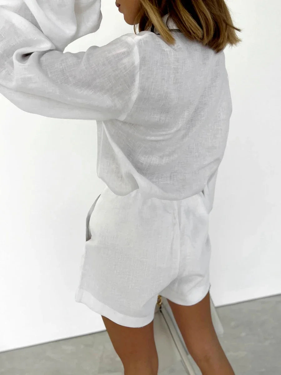 Bornladies 100% Cotton Casual Fashion Long Sleeve Set Summer Women's Pocket Black White Chic Shirt Shorts Loose Two-piece Set