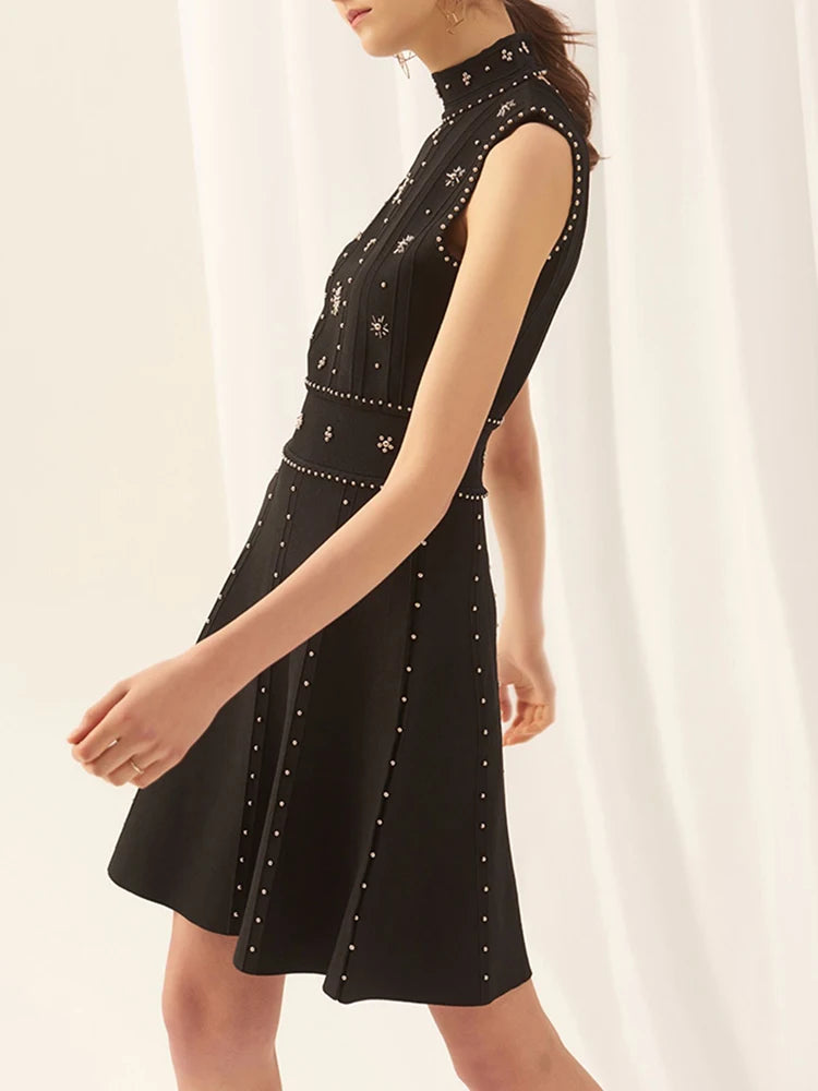 TWOTWINSTYLE Patchwork Embroidered Flares Dresses For Women Round Neck Sleeveless High Waist Mini Summer Dress Female Fashion
