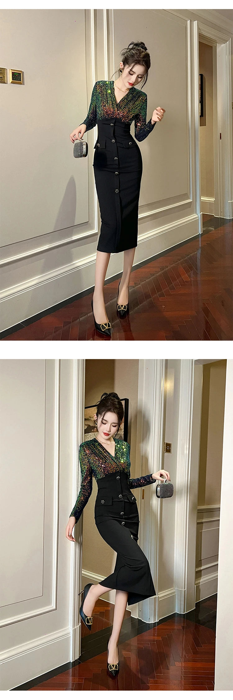 Luxury Elegant Annual Party Dress Women French Colorful Sequins Black Bodycon Single Breasted Robe Femme Banquet Prom Vestidos