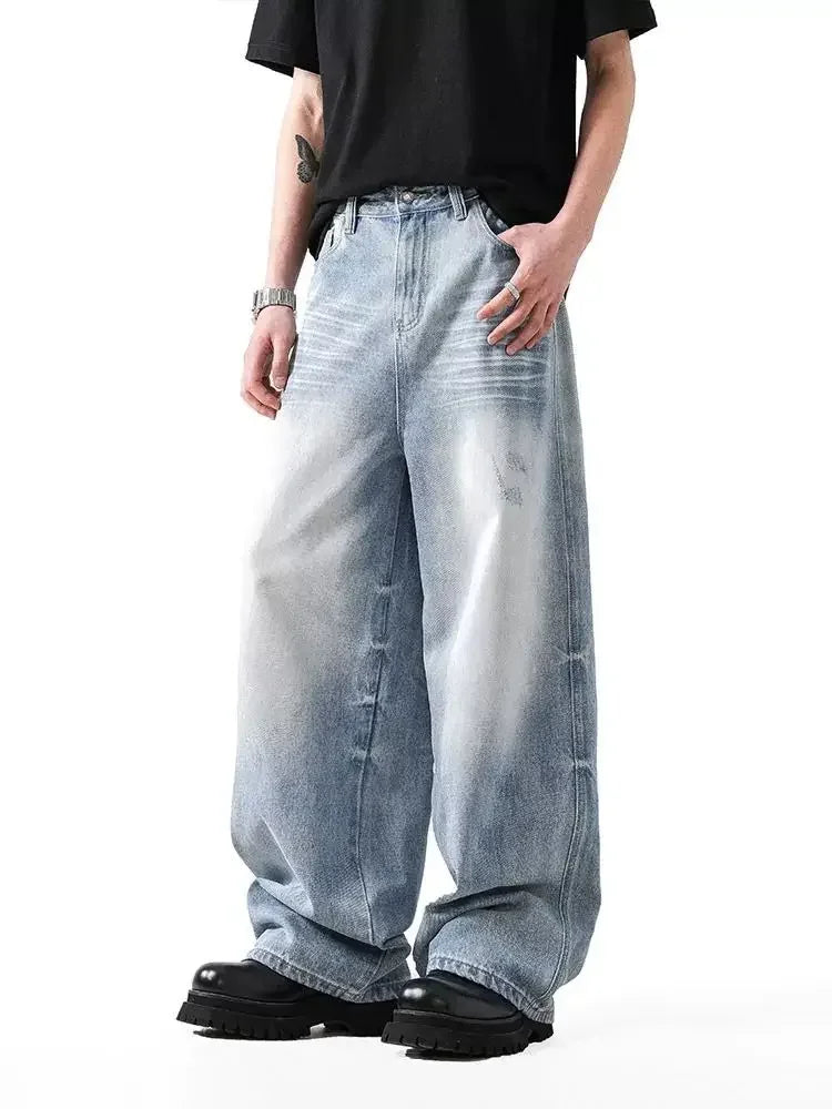 Retro American Light Blue Denim Jeans Loose Wide Leg Straight Floor-Length Trousers for Men And Women Autumn Fashion Brand