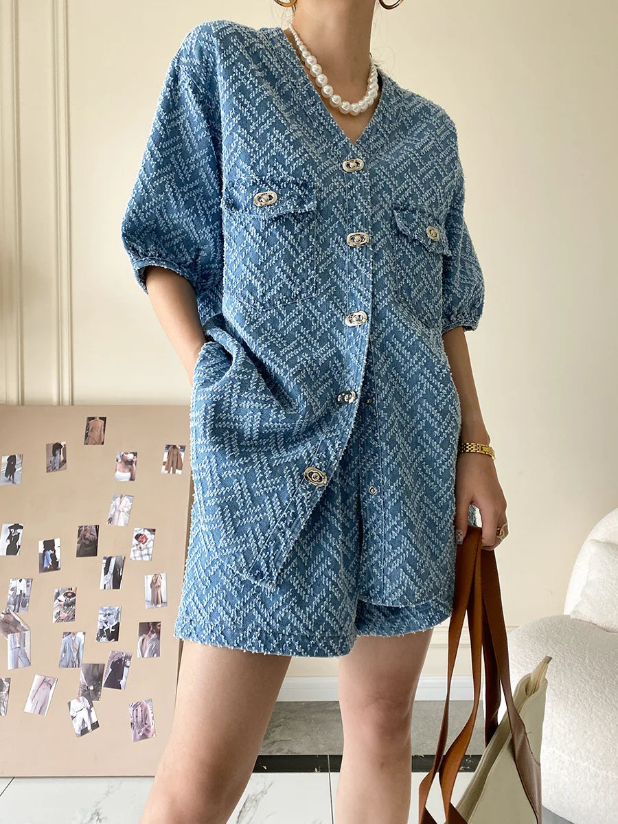 Women's Denim Short Sleeve Top and Shorts Two Piece Suit French Fashion Spring Summer Cowgirl Top Streetwear Korean Leisure New