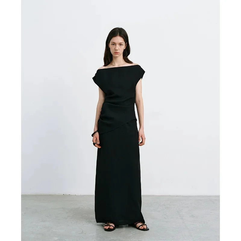 Elegant High-Waisted A- Line Skirt For Women Summer Commuting Long Dress Textile Song WhiteDrapedSideSlitLongDress
