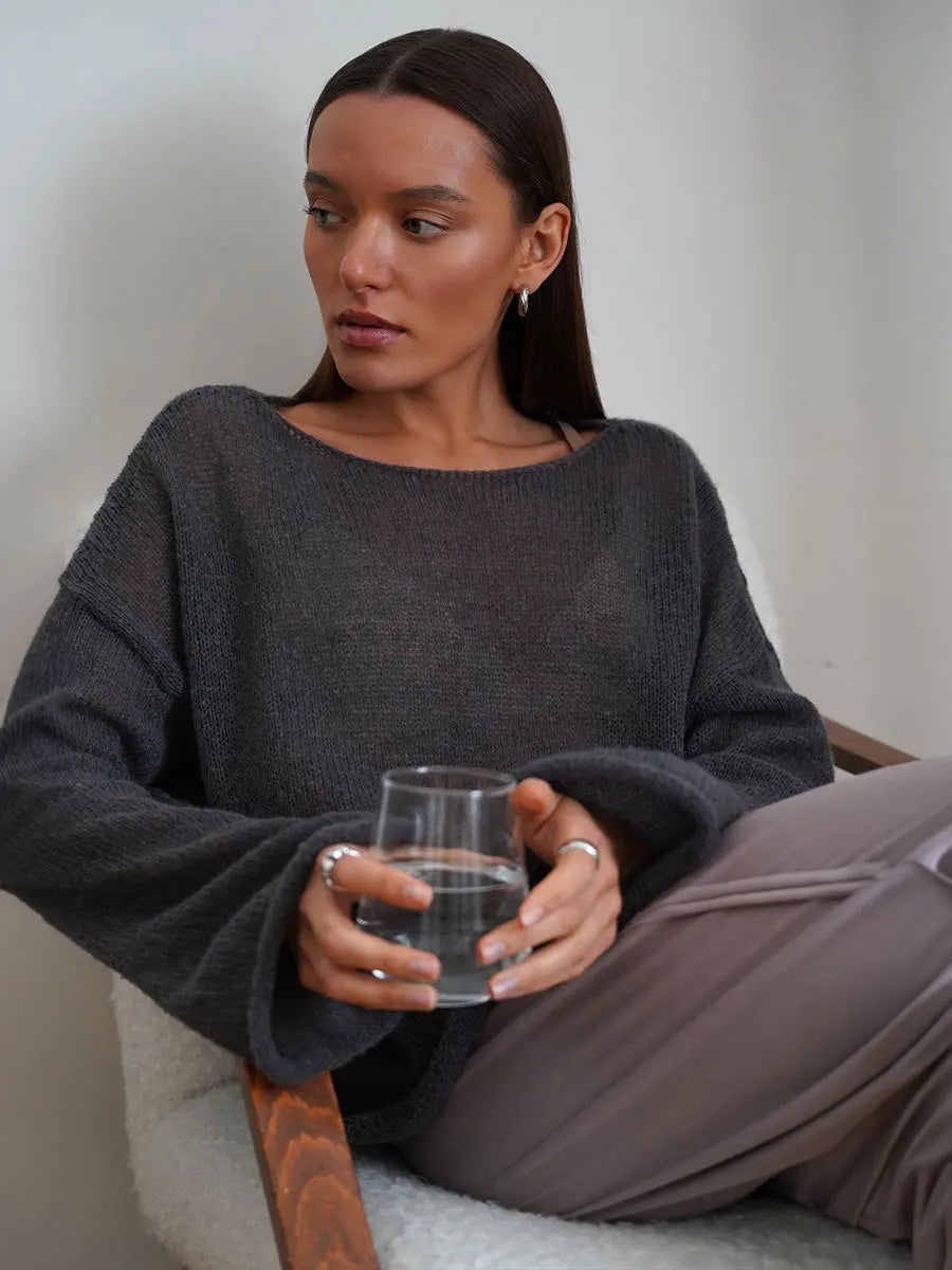 Original Fashion Hollow Out Knit Shirt Spring And Summer Women's Perspective Thin O-Neck Loose Elastic Long Sleeve Knit T-shirt