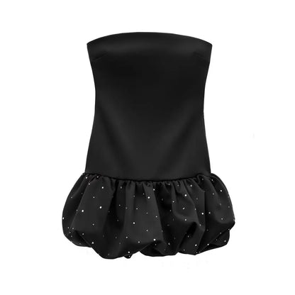 TRZA-Strapless Mini Dress for Women with Rhinestones, Straight Neck, Back Zipper, Female Dresses, Sexy Fashion