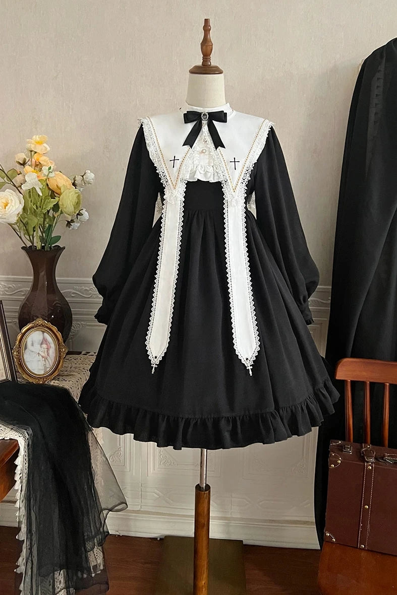Contract Color Lolita Dress for Women Gothic Style Dark Girl Japanese Retro Op Dress Autumn and Winter Long Sleeve Black Dress