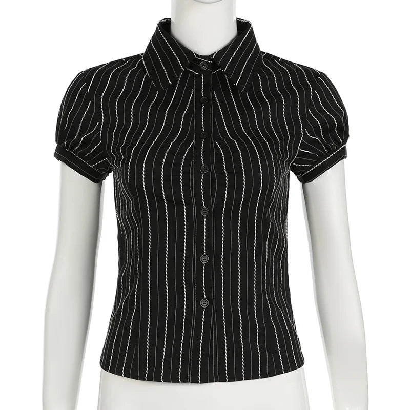 CIBBAR Black Striped Print Blouse Vintage 2000s Button Up Puff Short Sleeve Crop Top Women Korean Fashion T Shirt Streetwear y2k