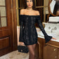 TARUXY Black Lace Flare Sleeve Dress One-Shoulder Women's Slim Tight Waist Sexy Gown Dress Elegant Strapless Long Fishtail Dress