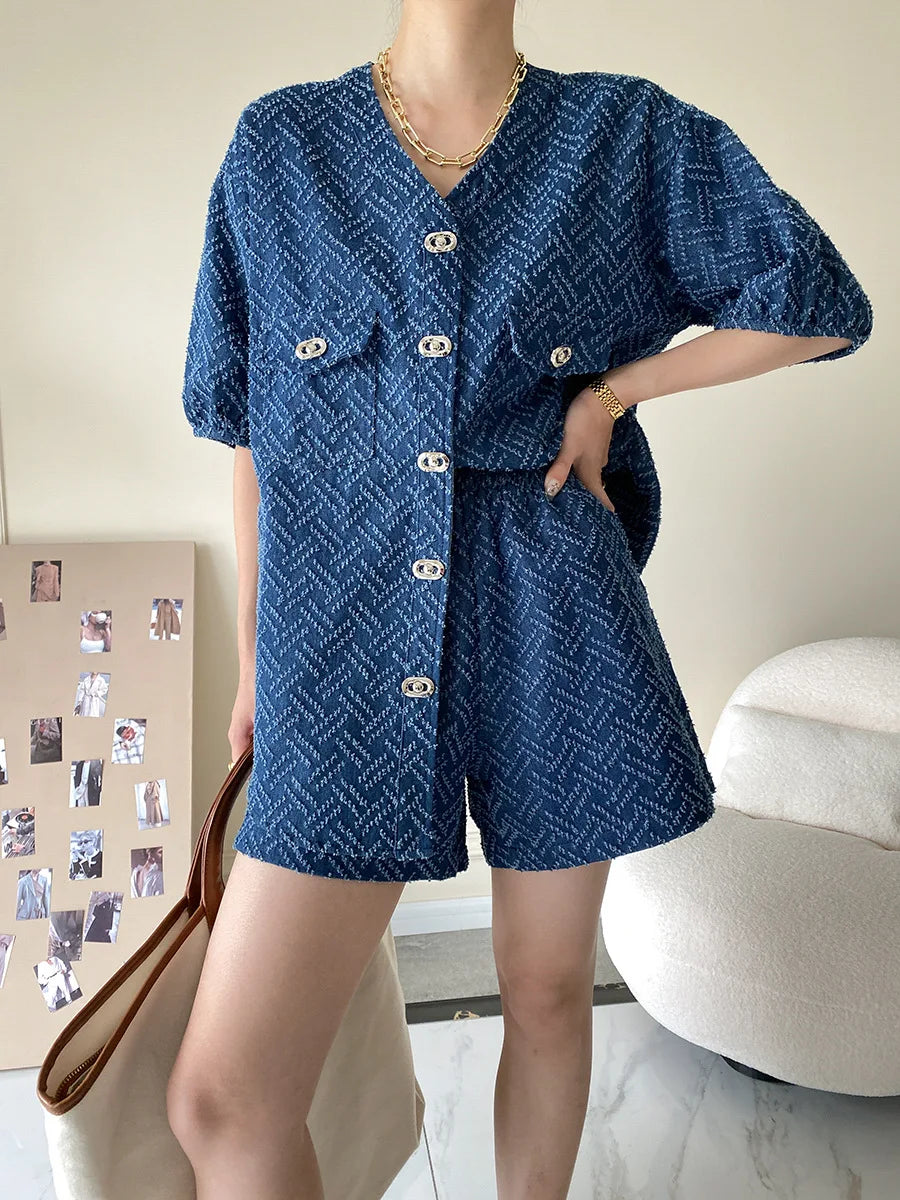Women's Denim Short Sleeve Top and Shorts Two Piece Suit French Fashion Spring Summer Cowgirl Top Streetwear Korean Leisure New
