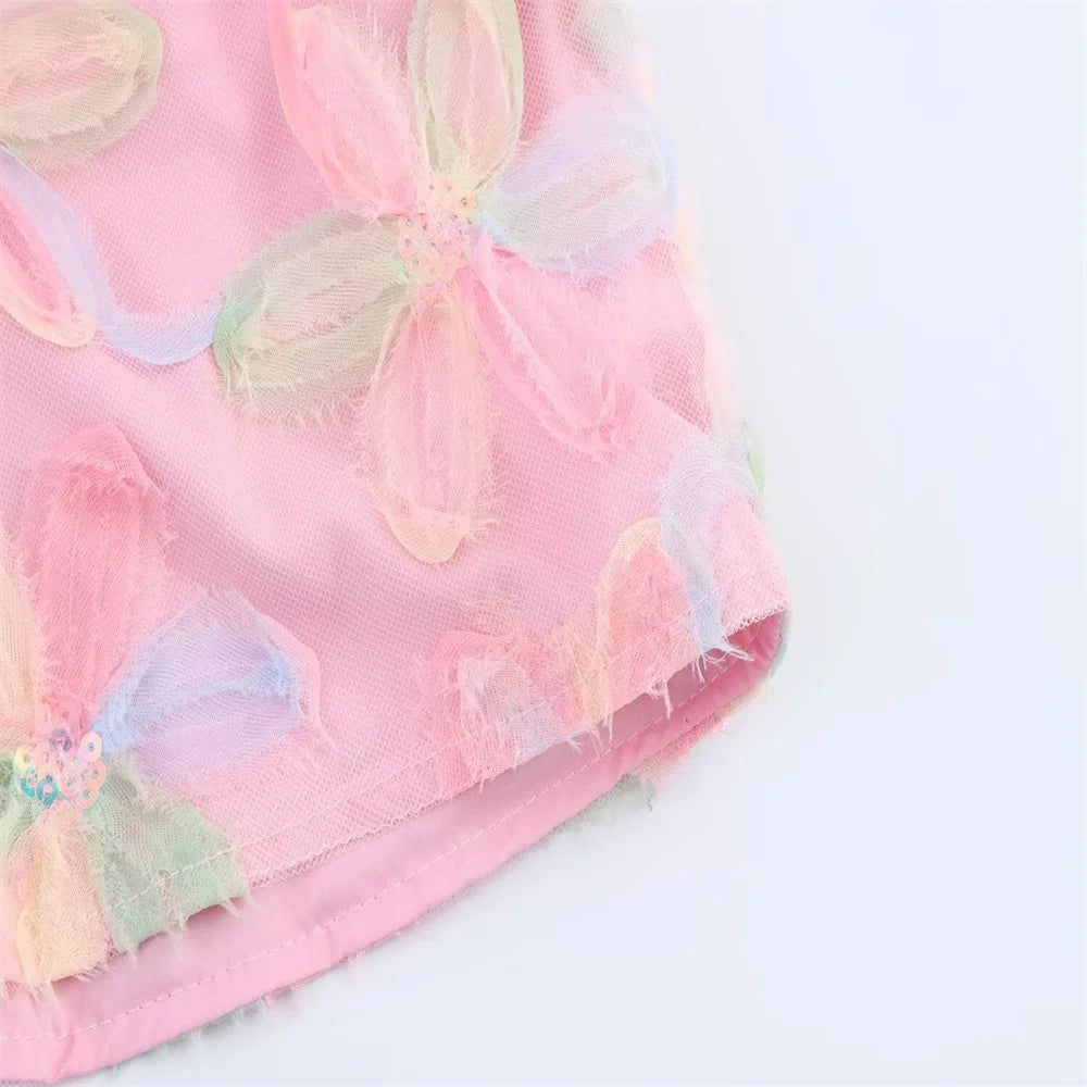 PB&ZA 2025 Women's Pink Short - length Blouse with Colorful Floral Embroidery Puff Sleeves and Collar for a Sweet Look