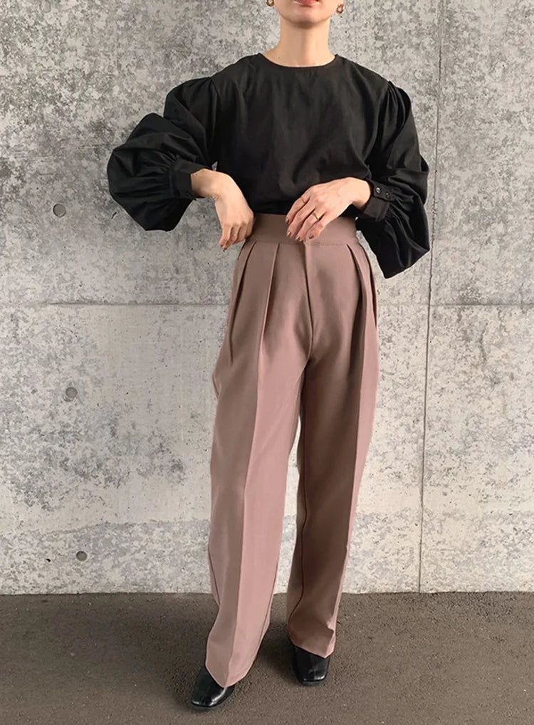 Japan Style Office Lady Elegant Vintage Blouse Women O-neck Loose Lantern Sleeve Shirts Solid All-amtch Blusas Autumn Ladies Top