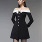 Preorder Hepburn Style Spliced Mini Black Dress French Noble One Shoulder Suit Dress A- Line Skirt Women Polyester Fiber Full Sl