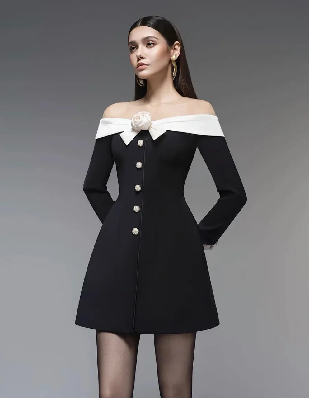 Preorder Hepburn Style Spliced Mini Black Dress French Noble One Shoulder Suit Dress A- Line Skirt Women Polyester Fiber Full Sl