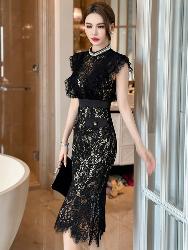 Women's French Noble Elegant Prom Dresses Black Lace Sheer Perspective Diamond High Waist Fishtail Robe Party Banquet Vestidos