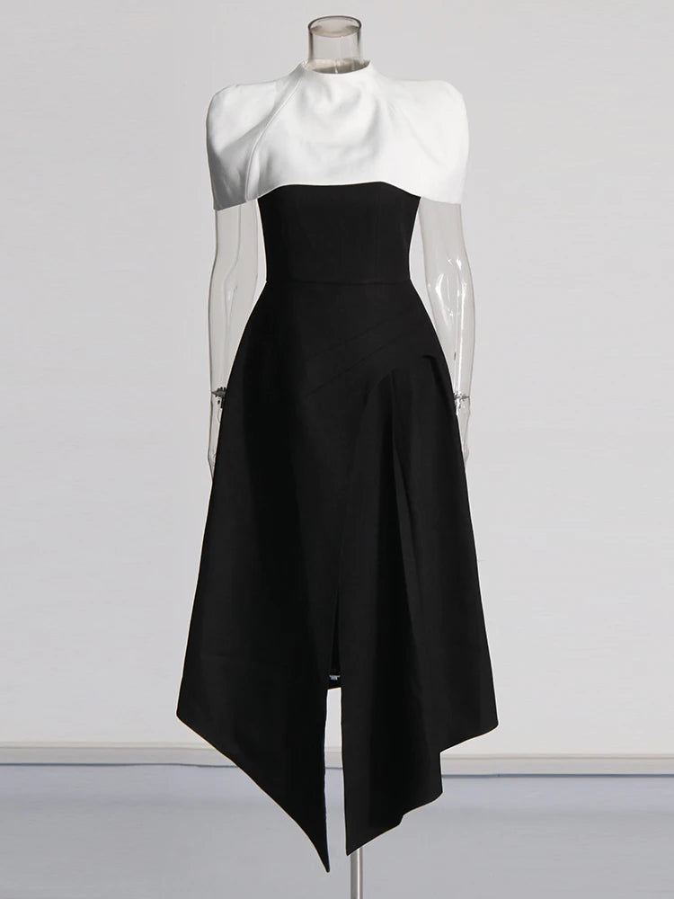 TWOTWINSTYLE Detachable Cloak Elegant Dresses For Women Square Collar Sleeveless High Waist Hit Color Split Dress Female Fashion