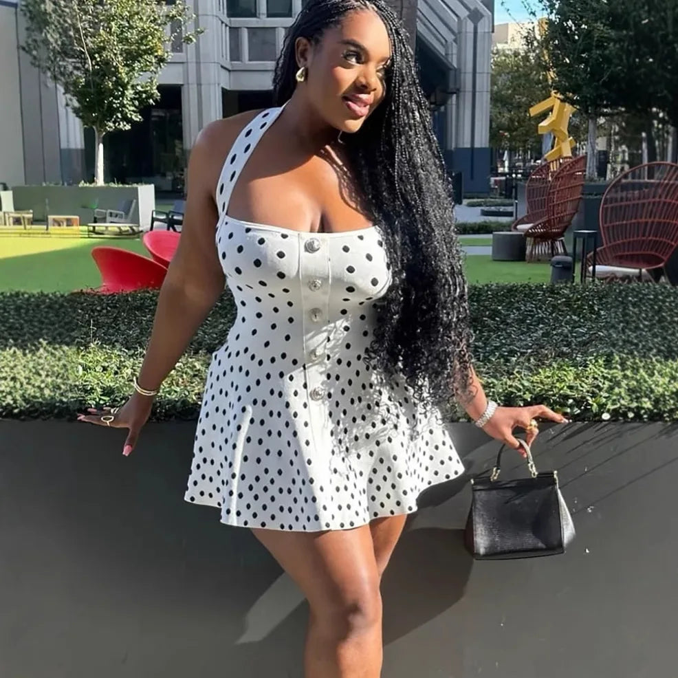 Tuularose Knit Backless Short Dress Women's High Waist Sleeveless Polka Dot Neck Dress Elegant Vintage Party Evening Dress 2025