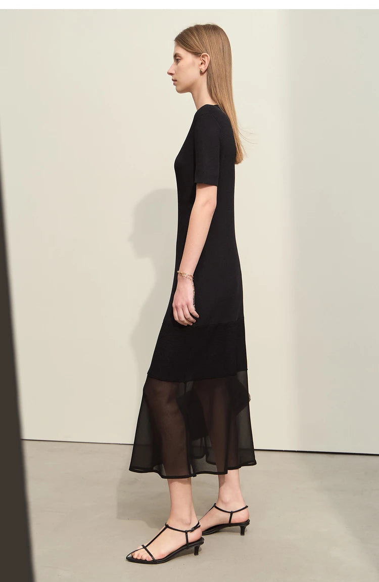 Amii Minimalism 2024 Women's Knitted Dresses Summer New V-neck Spliced Chiffon Short-sleeve Female Slim Fishtail Dress 12442152