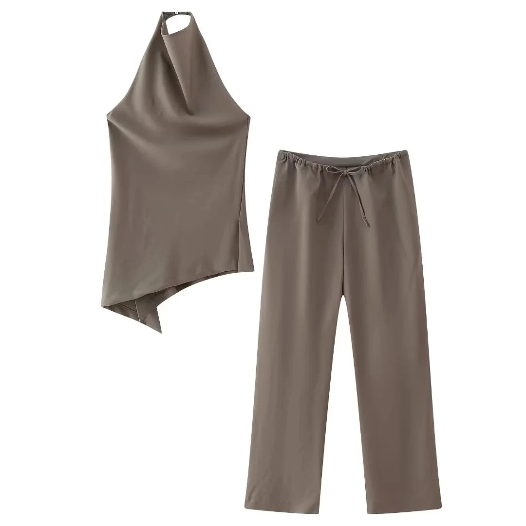 TRAFZA Women Vintage Solid Pant Sets Sexy Backless Halter Camis Top Asymmetric Tank Top + Drawstring Trousers Fashion Streetwear