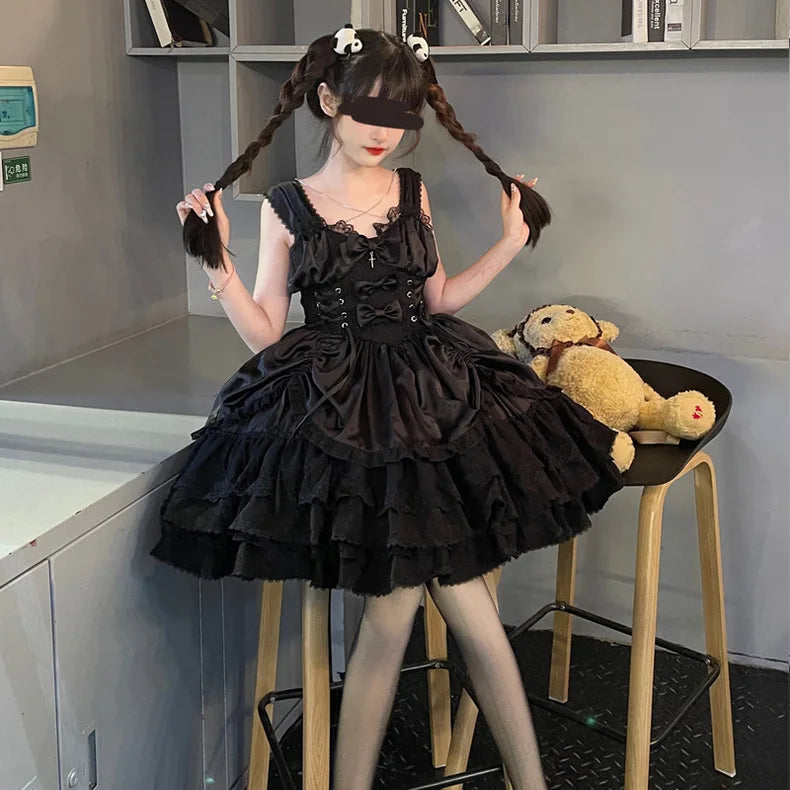 Japanese Lolita Dark Gothic Style JSK Lace Stitching Bow Lace-up V-neck Sleeveless High Waist Hot Sweet Black Cake Dress Women