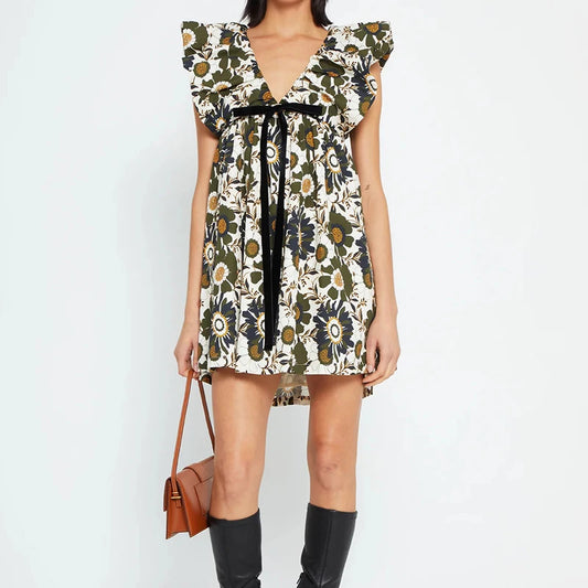 Women Vintage y2k Fairy Floral Print Mini Dress Boho V Neck Puff Sleeve Short Dress Bow Tie Flowy Dress Beach Holiday Sundress