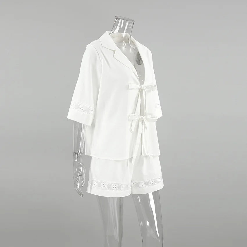 TARUXY Fashion White Cotton Linen Hollow Out Lace Up Top And Short Pants Suit Women's Loose Top Casual Splice Sets Lady Summer