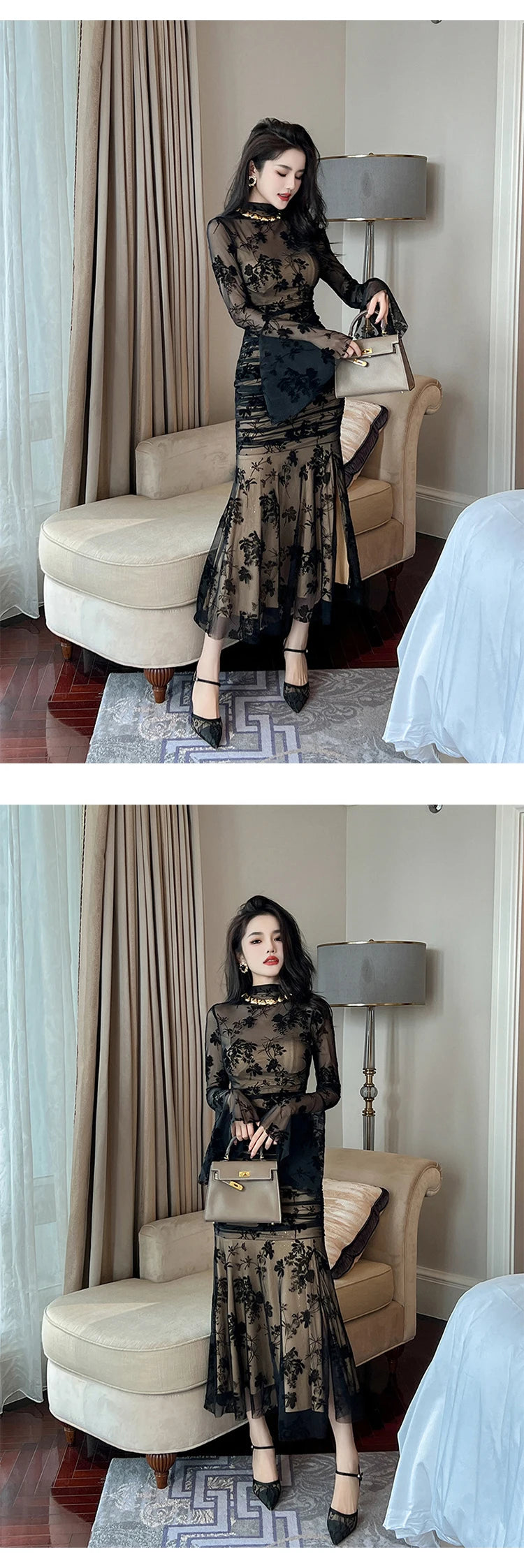 French Elegant Prom Dresses Woman Retro Black Perspective Elastic Mesh Folds Wrap Hip Slit Fishtail Robe Female Party Vestidos