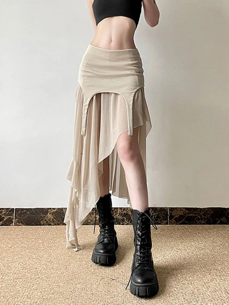 Zoki Sexy Irregular Y2K Skirts Women Vintage American High Waist Slim Slit Long Skirt Casual Lady Streetwear Retro Summer Skirts