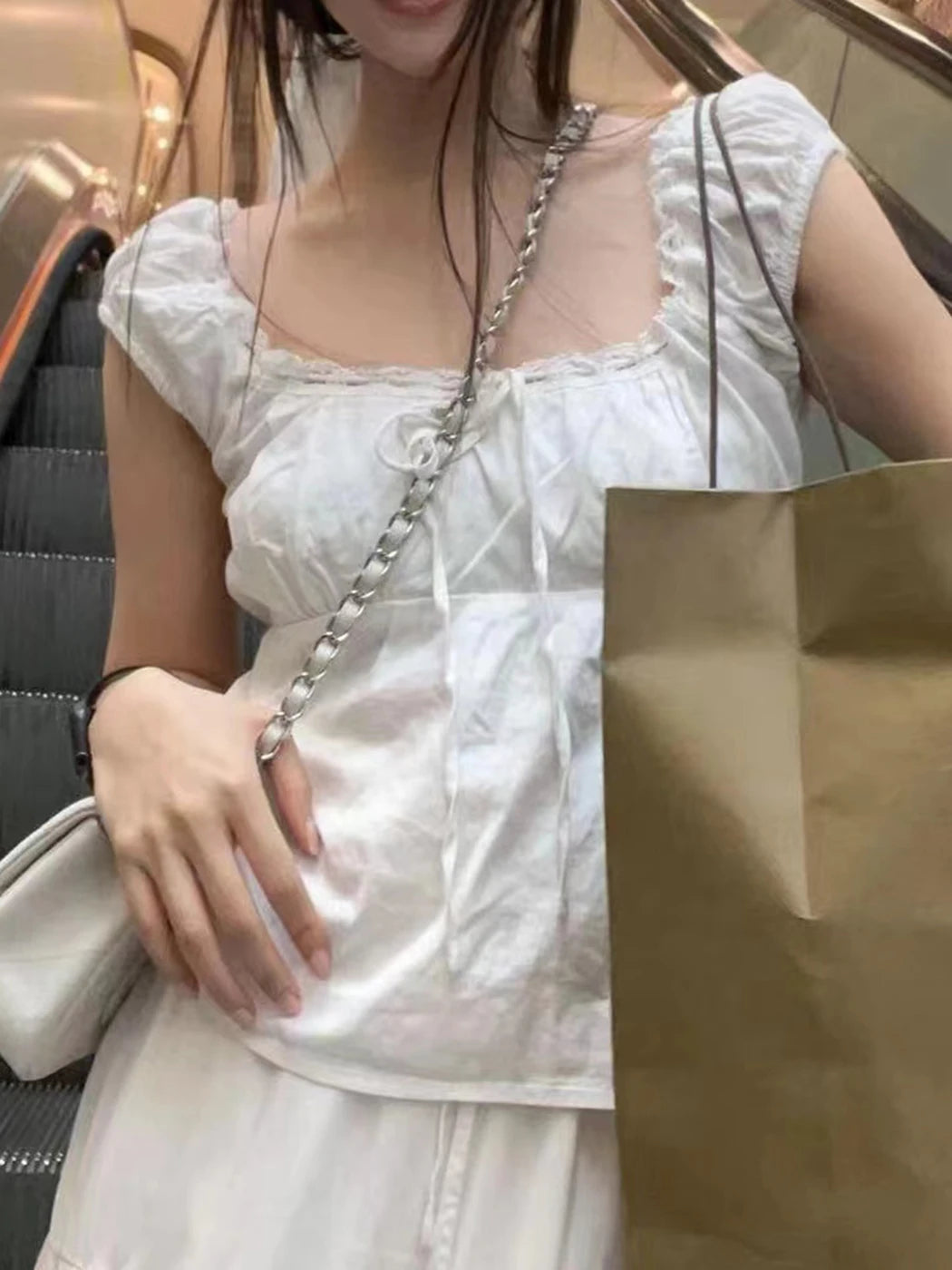 2024 New White Lace Tied Square Neck Summer T-shirts Chic Elegant Short Sleeve Tee Cotton Y2K Street Casual Bow Tie-up Top Women
