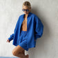 Wolfeel Women's Casual Shorts Sets 100% Cotton Solid Color Cozy Lapel Long Sleeve Shirt Summer New Elastic Waist Shorts Suits