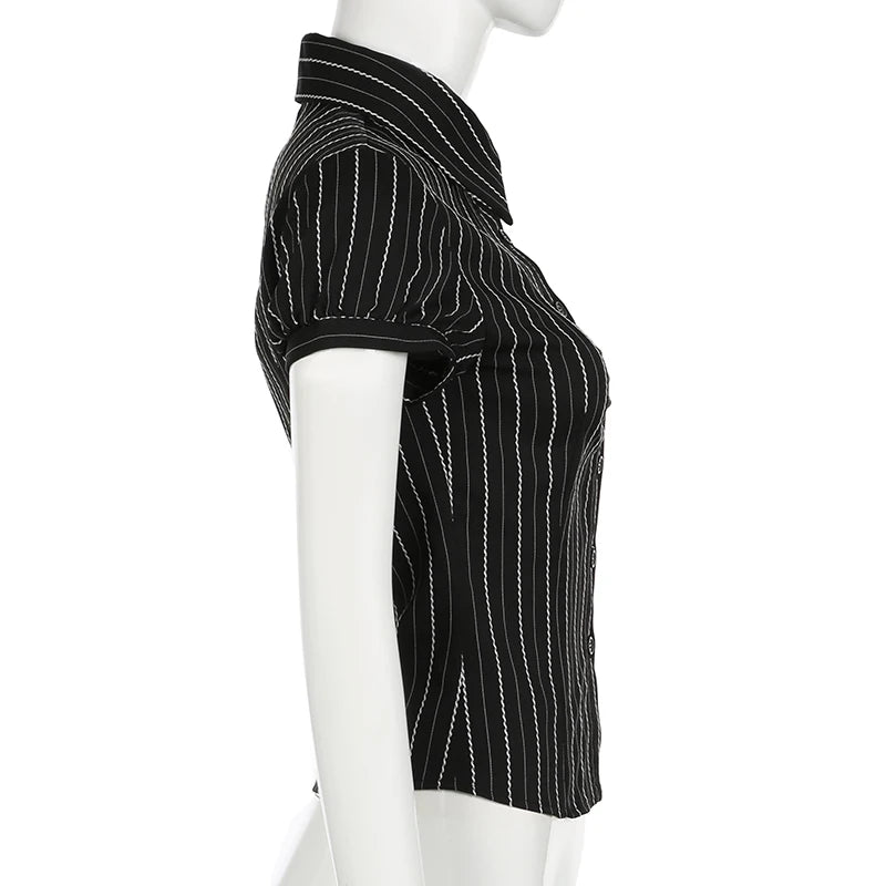 CIBBAR Black Striped Print Blouse Vintage 2000s Button Up Puff Short Sleeve Crop Top Women Korean Fashion T Shirt Streetwear y2k