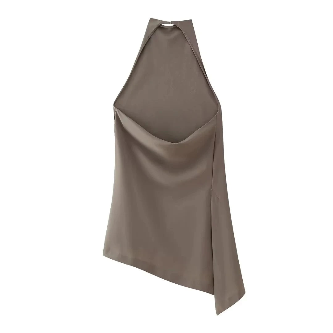 TRAFZA Women Vintage Solid Pant Sets Sexy Backless Halter Camis Top Asymmetric Tank Top + Drawstring Trousers Fashion Streetwear