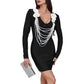 Elegant French Style Floral Patchwork Pearl Chain Design Long Sleeve Women's Dress Sexy Bodycon Skirt Mini Dress Cotton Material