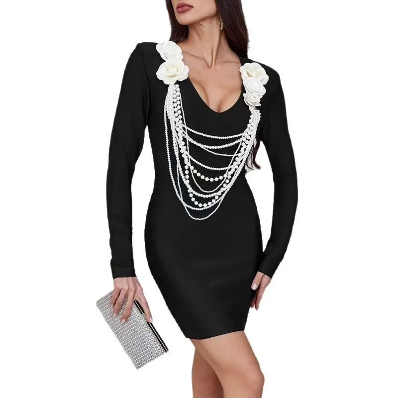 Elegant French Style Floral Patchwork Pearl Chain Design Long Sleeve Women's Dress Sexy Bodycon Skirt Mini Dress Cotton Material