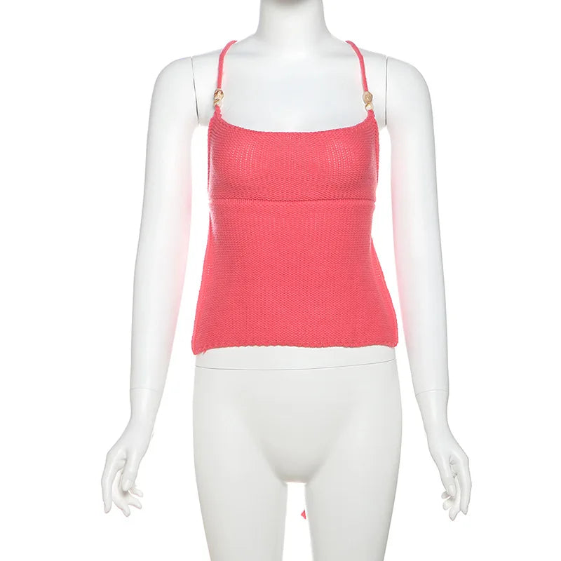 TARUXY Knitted Hollow Tanks Top Female Sexy Backless Lace Up Solid Sweater Vest Slim Halter Short Tops Casual 2025 Summer New