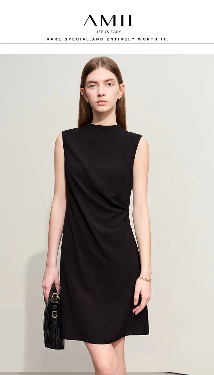 Amii Minimalism 2024 Summer New Sleeveless Small Black Dress Short Slim Half-high Neck Fashion Female Dresses for Women 12452052