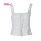 2024 New White Lace Tied Square Neck Summer T-shirts Chic Elegant Short Sleeve Tee Cotton Y2K Street Casual Bow Tie-up Top Women