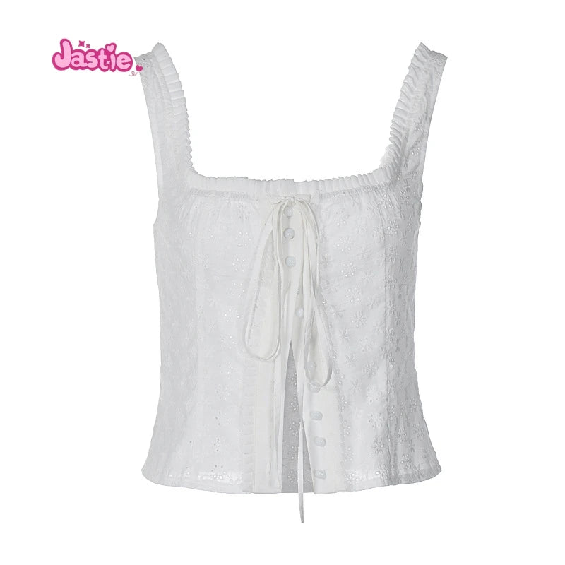 2024 New White Lace Tied Square Neck Summer T-shirts Chic Elegant Short Sleeve Tee Cotton Y2K Street Casual Bow Tie-up Top Women