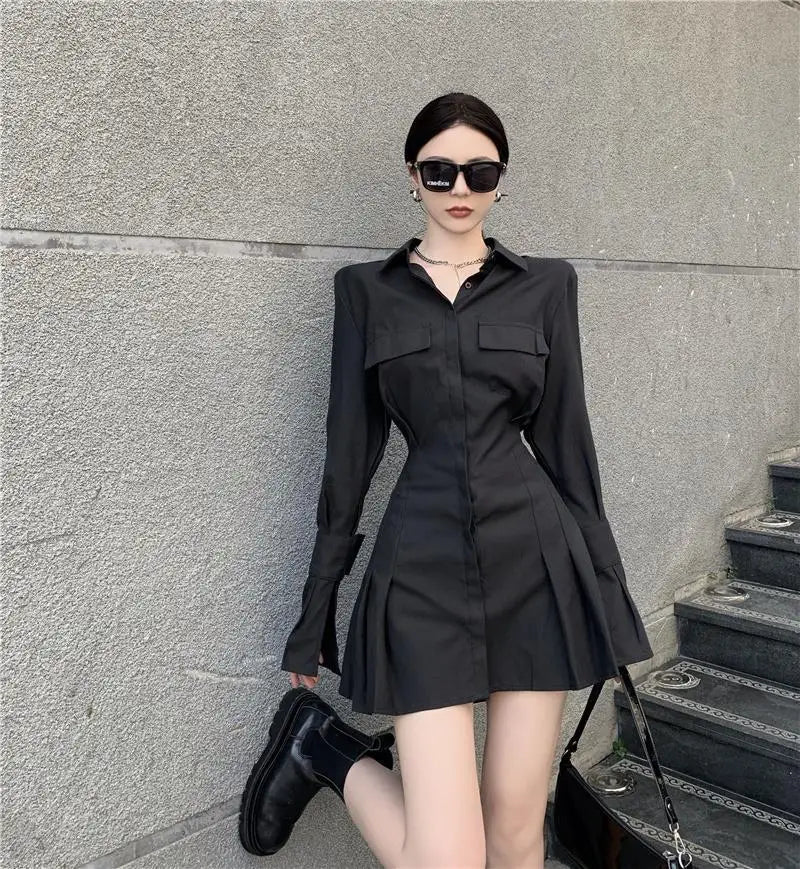 HOUZHOU Black Shirt Dress Women Elegant Vintage Long Sleeve Dresses Sexy Gothic Pleated Streetwear Turn-down Collar Casual Robe
