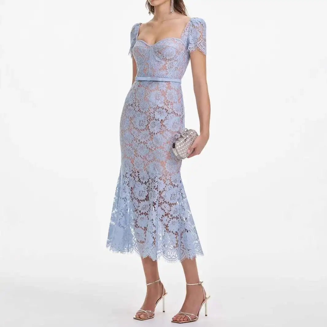 Luxury Hollow Out Long Lace Dresses Women Summer Sexy Hook Crochet Embroidery Flower Solid Backless Wedding Evening Vestidos