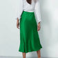 Fashion Women's Skirt A-line Silk High Waist Elegant Skirts Green Blue Long Summer Skirts Korean Side Zipper Office Satin Skirt