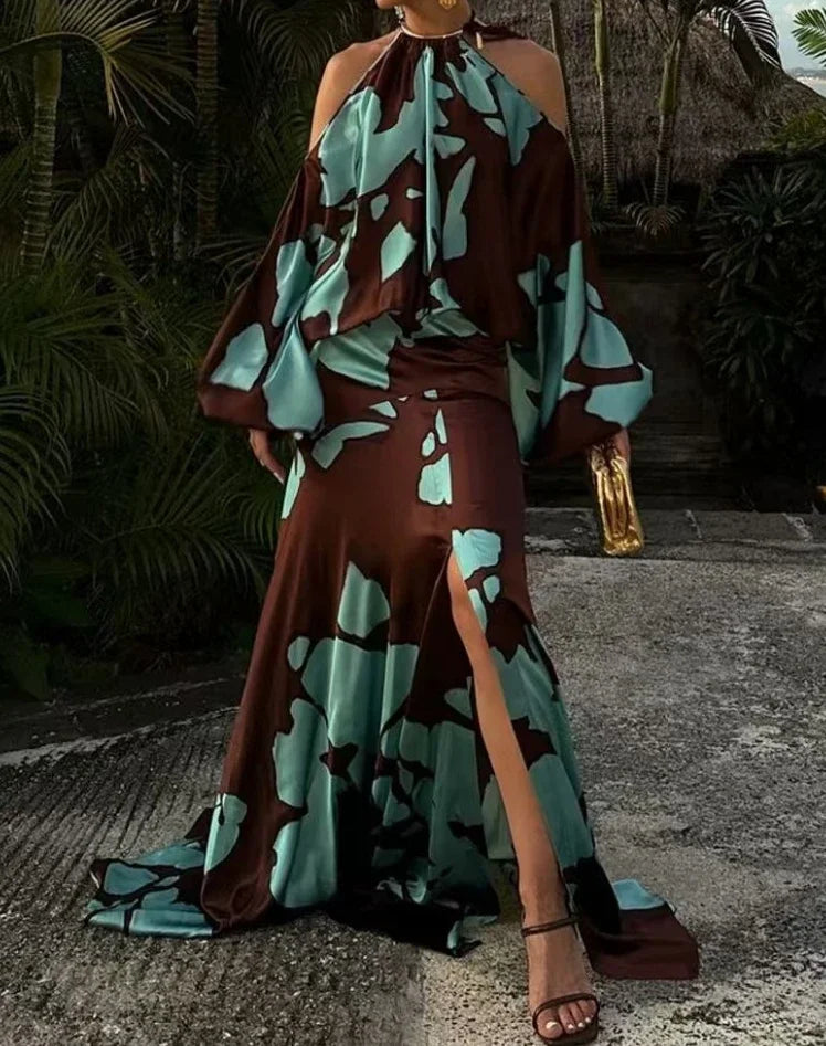 Evening Dresses  Vacation Style Elegant Socialite Printed Off Shoulder Slit Dress